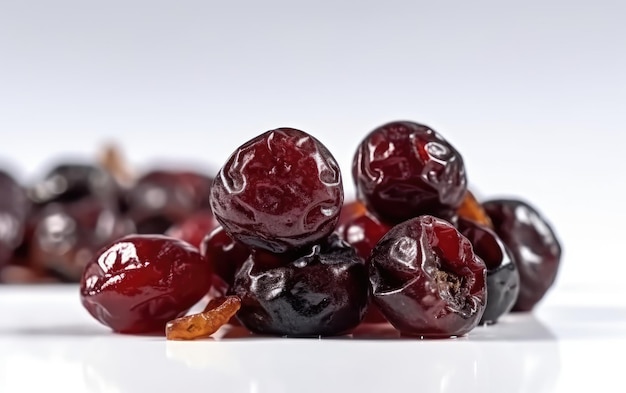 A close up candied dried cherries on a white background ai generated