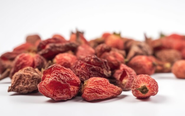 A close up candied dried strawberries slices on a white background ai generated