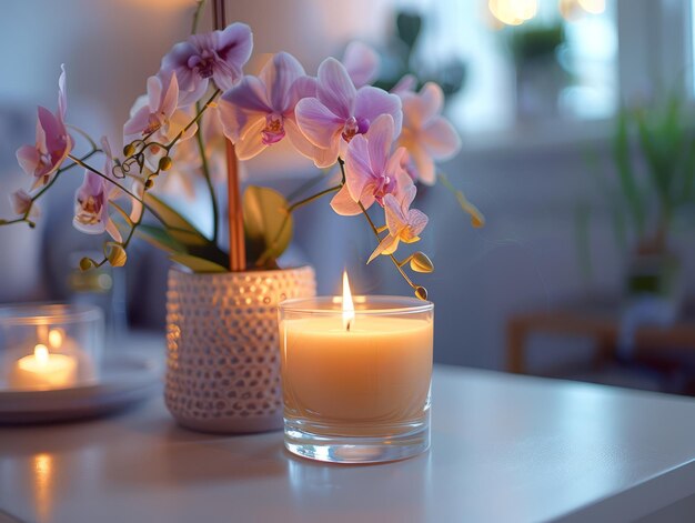 Close up of candle glass jar with burning candle and pot with pink orchid flower