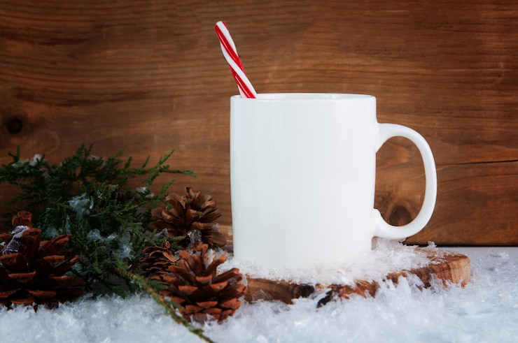 Photo close-up of candy cane in mug by twigs and pine cones amidst fake snow on table