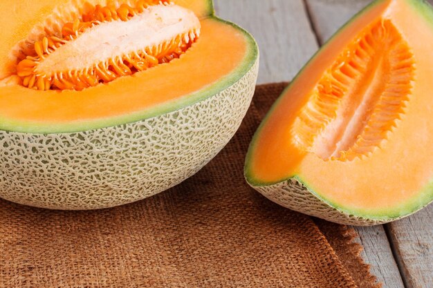 Close-up of cantaloupe melon on table