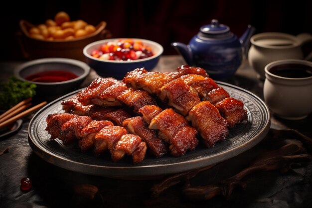 Photo close up of cantonese style crispy roast pork siu yuk with dipping sauce