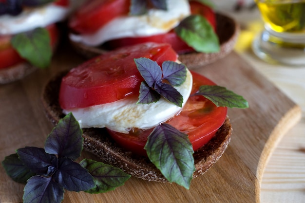 Close up of caprese on bread slices