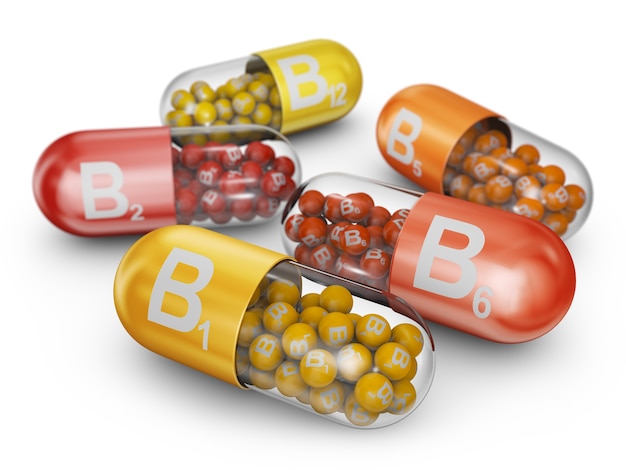 Close-up capsules gevuld met B-vitamines. 3D render.