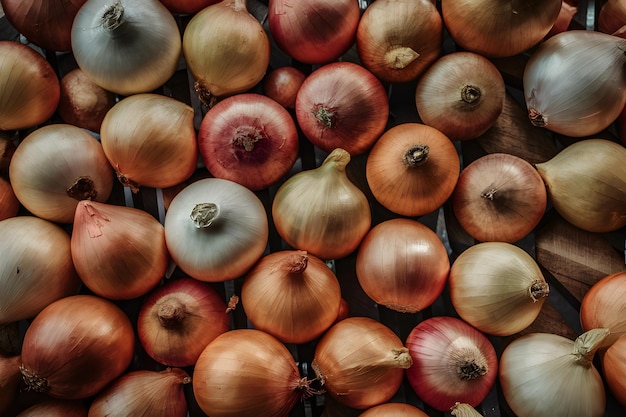 Close up captures abundance of fresh ripe yellow onions