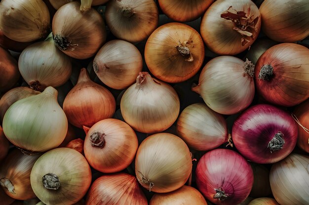 Close up captures abundance of fresh ripe yellow onions