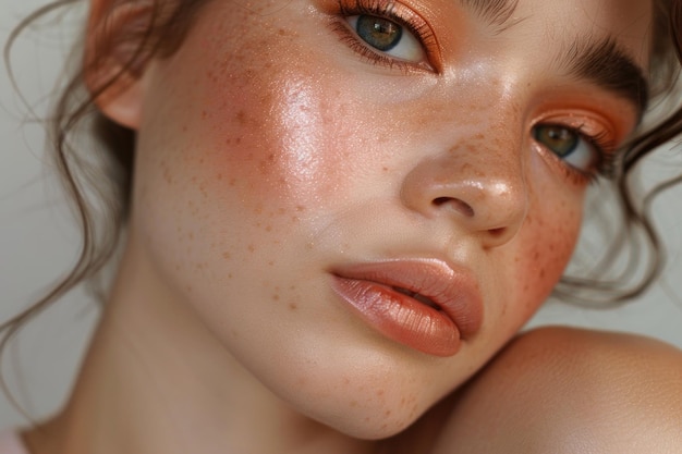 A close up capturing the intricate freckles gracing a womans face highlighting her unique and natural beauty