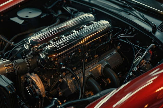 Foto close-up di un motore di auto con il cofano aperto ideale per l'industria automobilistica