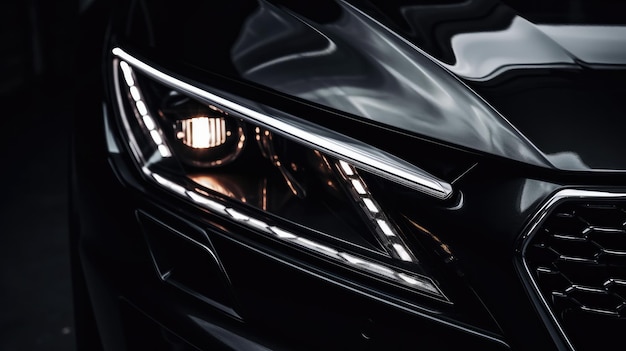 A close up of a car headlight with the word mercedes on it
