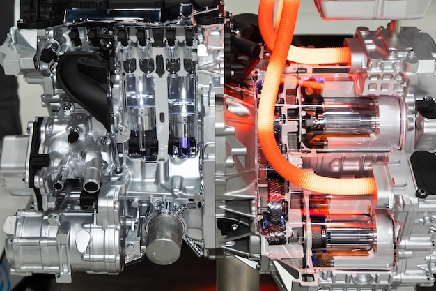 Close up of car hybrid engine. hybrid electric car engine.