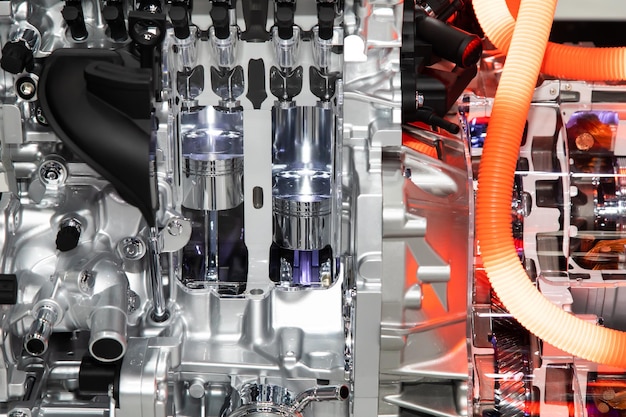 Close up of car hybrid engine. hybrid electric car engine.