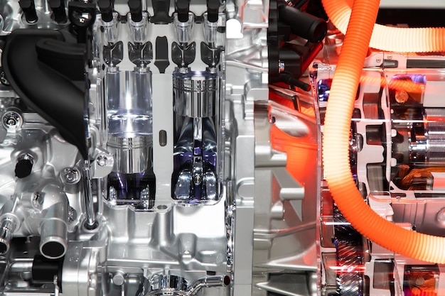 Close up of car hybrid engine. Hybrid electric car engine.