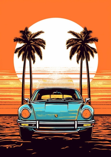 Photo a close up of a car parked on a beach near palm trees generative ai