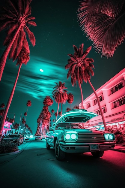 A close up of car parked on street with palm trees generative ai