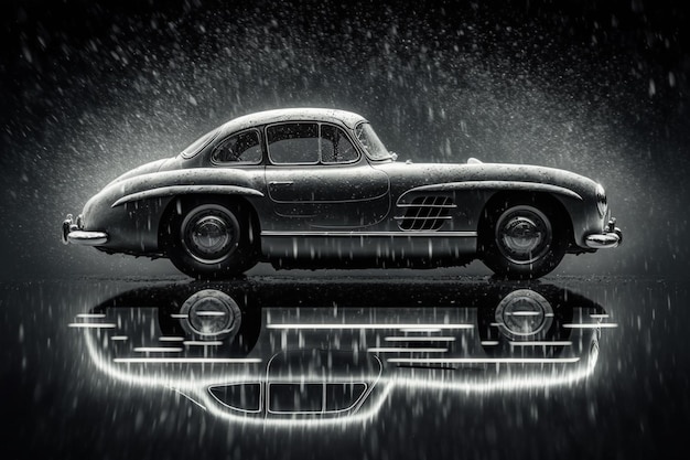 A close up of a car in the rain with a reflection generative ai