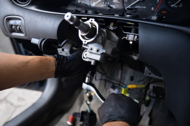 Close Up car steering wheel repair after the accident.