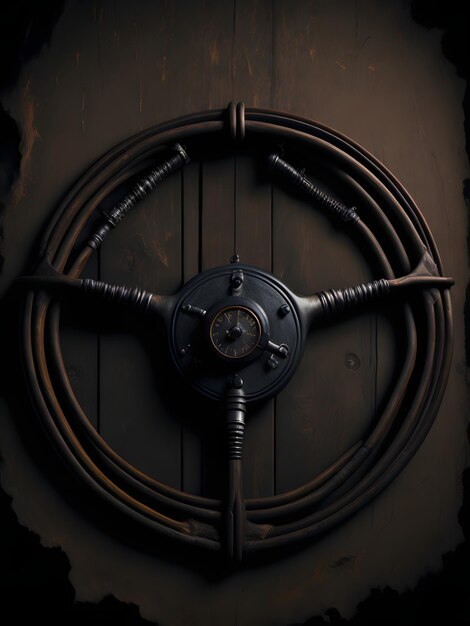 A close up of a car steering wheel with a compass on it