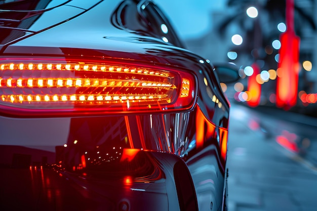 Близкий взгляд на задний фонарь автомобиля на городской улице в ночное время с огнями на машинах