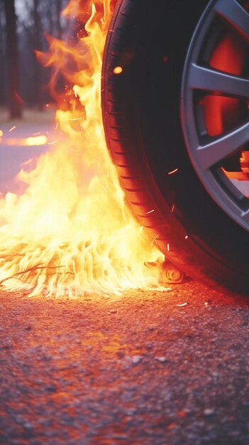 Foto un primo piano di una gomma d'auto in fiamme