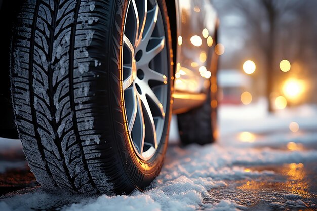 雪で覆われた道路で冬の車のタイヤのクローズアップ