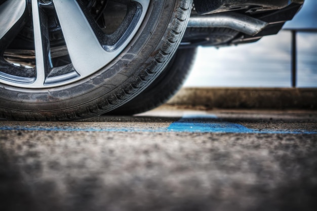 Close up of a car wheel on the ground