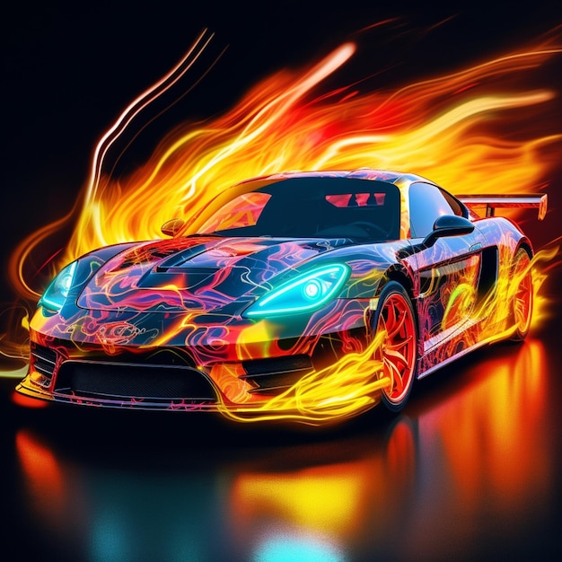 Photo a close up of a car with a fire design on it generative ai