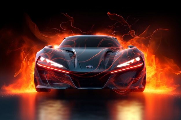 Photo a close up of a car with flames on the hood. generative ai.