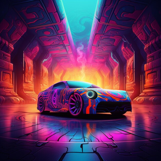 A close up of a car with a neon background generative ai