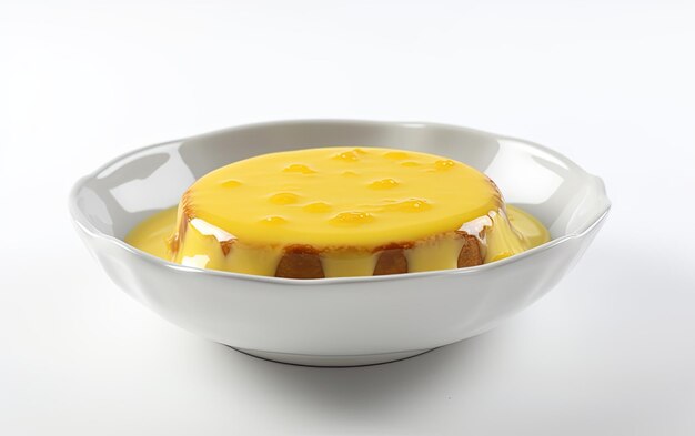 Photo a close up caramel custard pudding on a white background sweet dessert bakery food ai generated