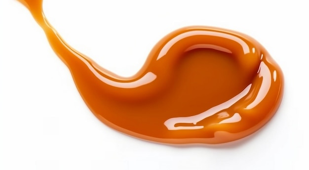 A close up of a caramel liquid on a white background