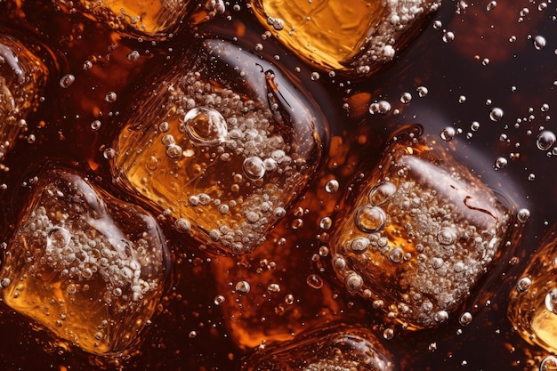 Close up of carbonated soft drink with ice cubes in a dark soda background Cooling sweet summer beve