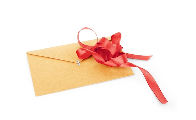 Close up of card note with red ribbon on white background with clipping path