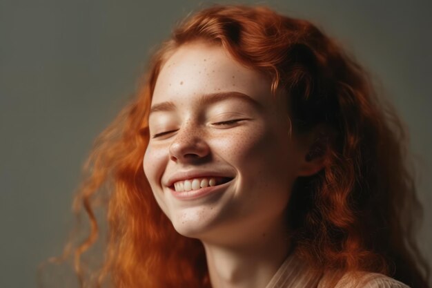 close up of carefree young woman laughing portrait of smiling woman with freckles and closed eyes en