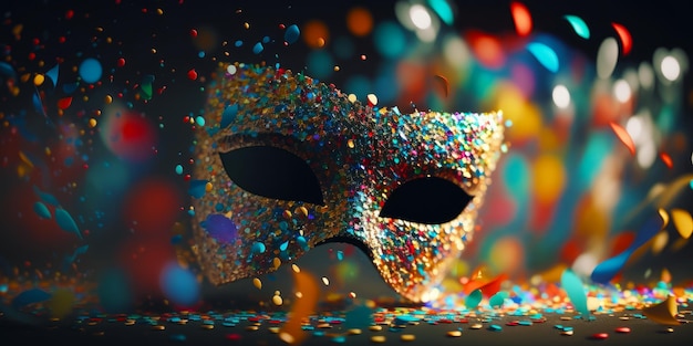 Close up of carnival mask with confetti on the side of it Generative AI