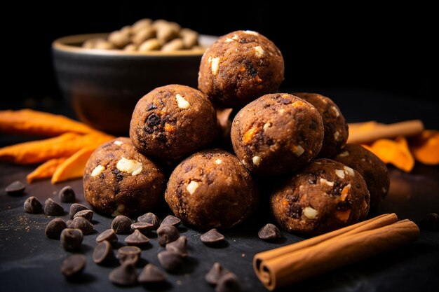 Photo close up of carrot cake energy bites coated in dark chocolate