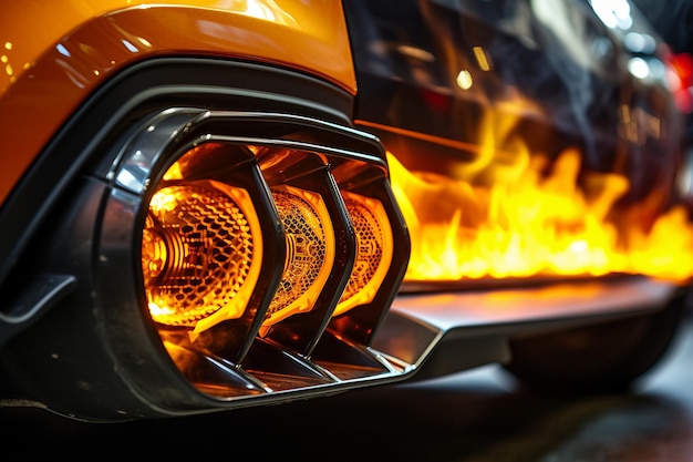 Близкий взгляд на спортивную выхлопную систему автомобилей, производящую пламя