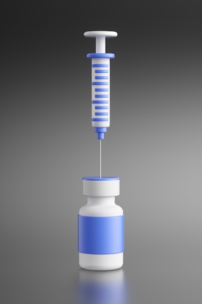 Close-up of a cartoon ampoule of coronavirus vaccine on a black background. 3d rendering illustration