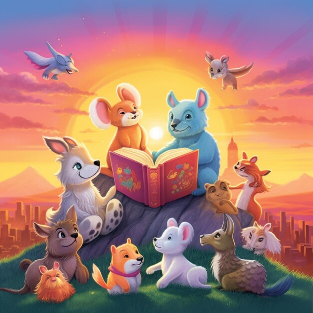 A close up of a cartoon book with animals on a hill generative ai