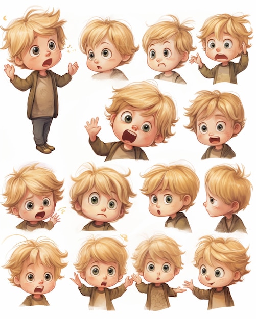 a close up of a cartoon boy with different facial expressions generative ai