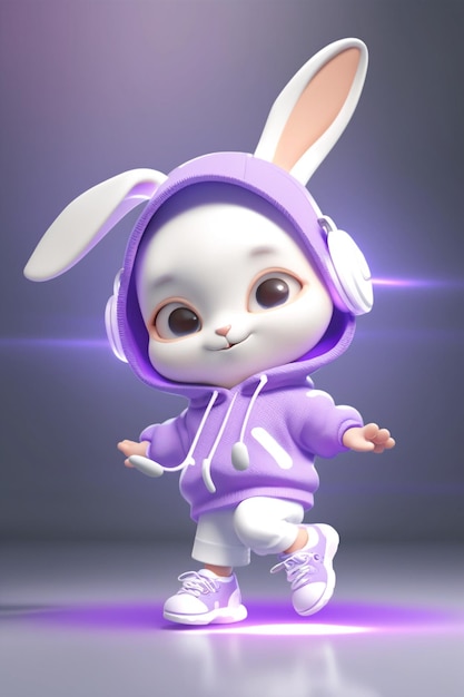 Close up of cartoon bunny rabbit in purple hoodie generative ai