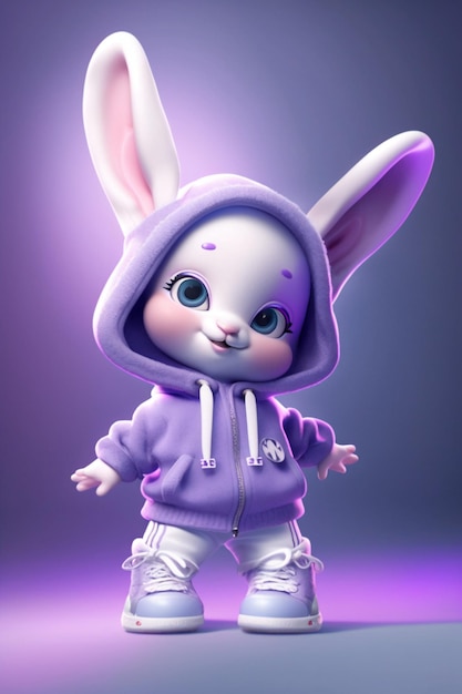 Close up of cartoon bunny rabbit in purple hoodie generative ai