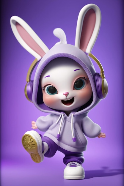 Close up of cartoon bunny rabbit in purple outfit generative ai