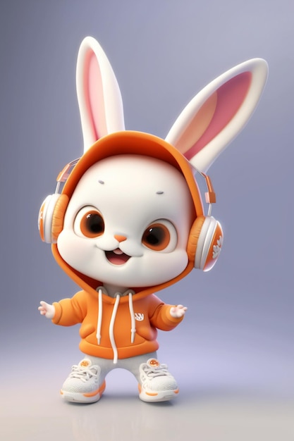 Close up of cartoon bunny with headphones and earphones generative ai