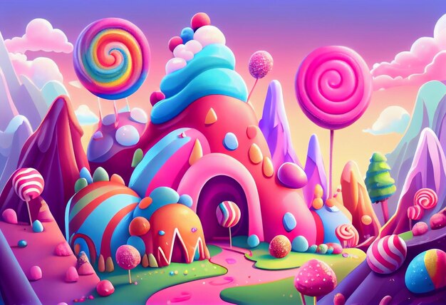 A close up of a cartoon candy land with a lot of candy generative ai