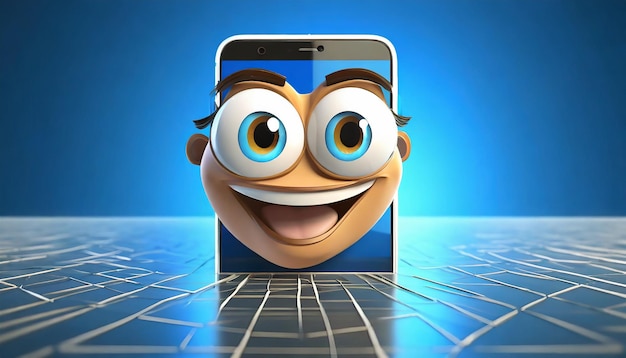 Close up on cartoon character face coming out of phone