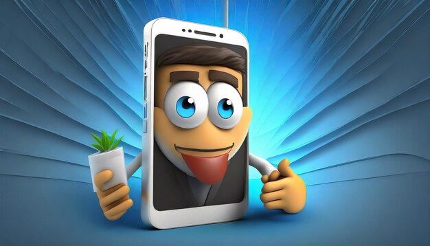 Photo close up on cartoon character face coming out of phone
