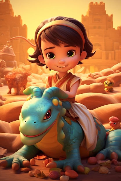 A close up of a cartoon character riding a dinosaur in a desert generative ai