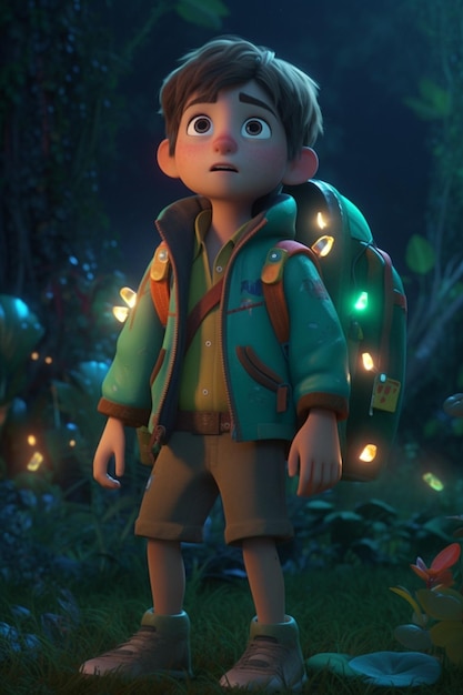 A close up of a cartoon character with a backpack in a forest generative ai