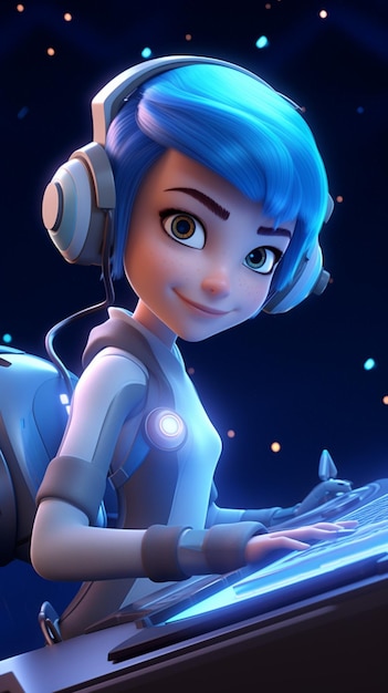 a close up of a cartoon character with headphones on typing on a computer generative ai