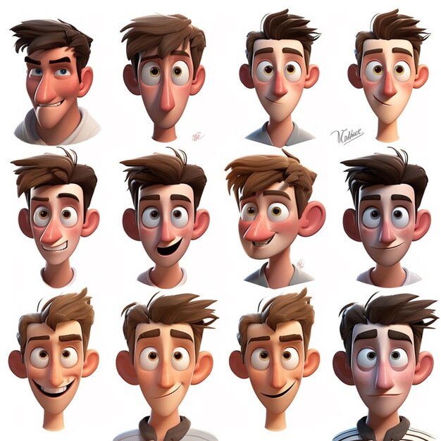 a close up of a cartoon character with many different facial expressions generative ai